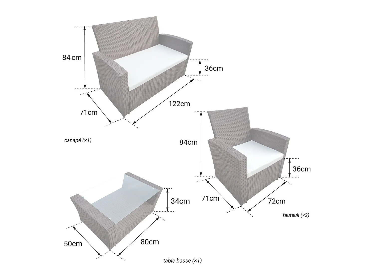 COMINO tuinmeubelset in zwart gevlochten kunststof 4 zitplaatsen - grijze kussens