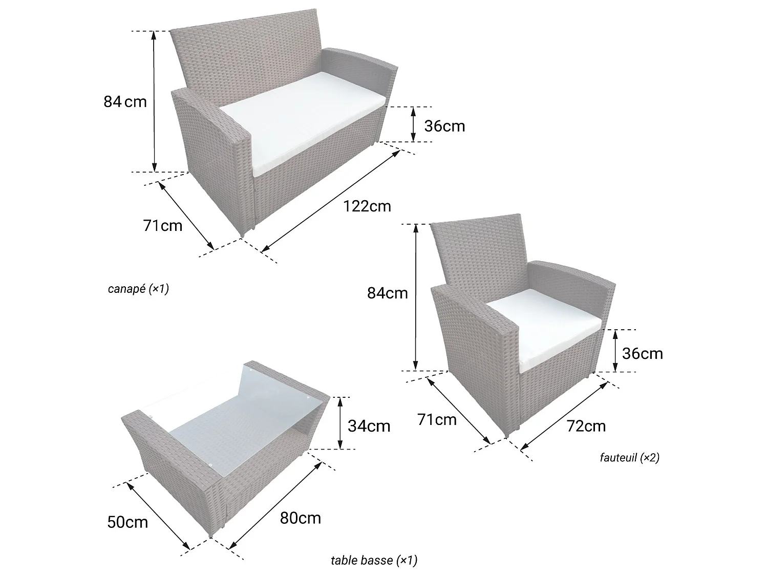 Salon de jardin COMINO en résine tressée noir 4 places - coussins gris - HAPPY GARDEN