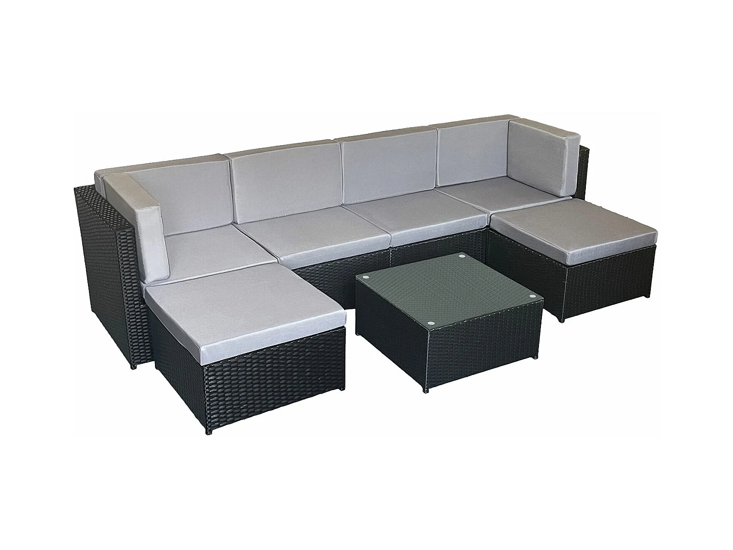 Set di mobili da giardino BONIFACIO in resina intrecciata nera, 6 posti a sedere - cuscino grigio