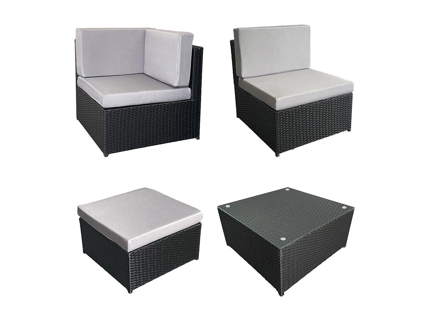 BONIFACIO tuinmeubelset van zwart gevlochten kunststof, 6 zitplaatsen - grijs kussen