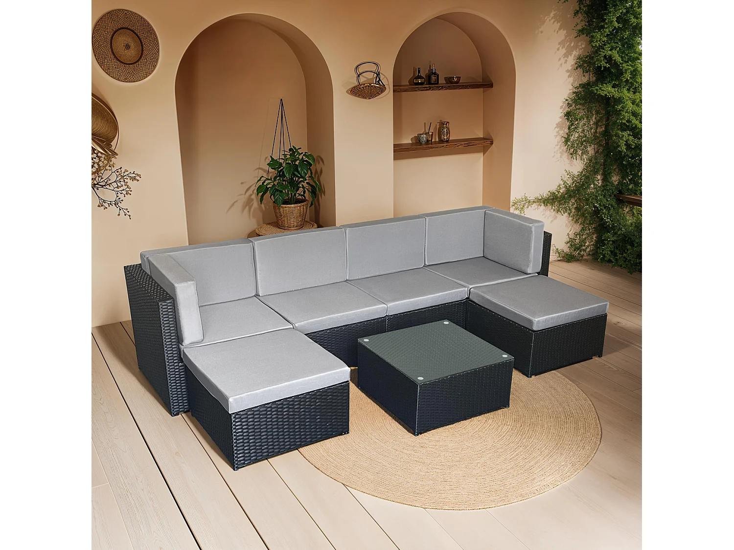 Salon de jardin BONIFACIO en résine tressée noir 6 places - coussin gris - HAPPY GARDEN