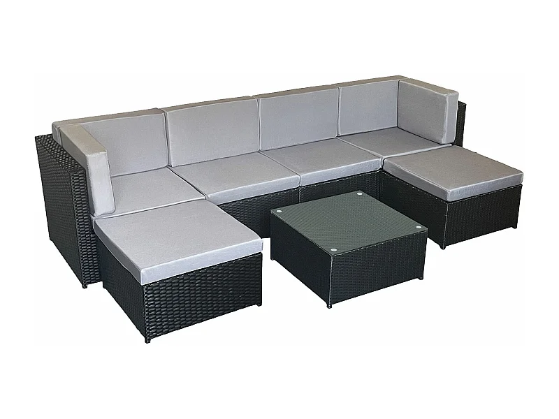 Set di mobili da giardino BONIFACIO in resina intrecciata nera, 6 posti a sedere - cuscino grigio
