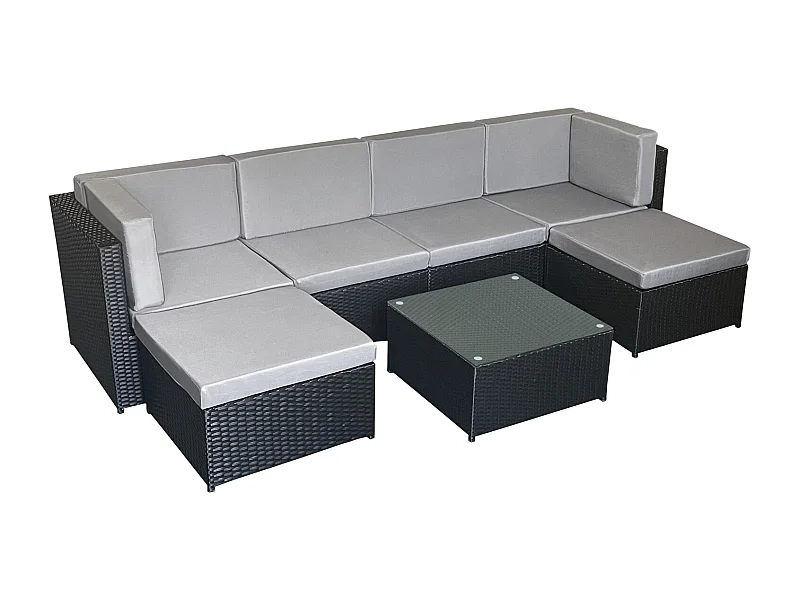 Set di mobili da giardino BONIFACIO in resina intrecciata nera, 6 posti a sedere - cuscino grigio