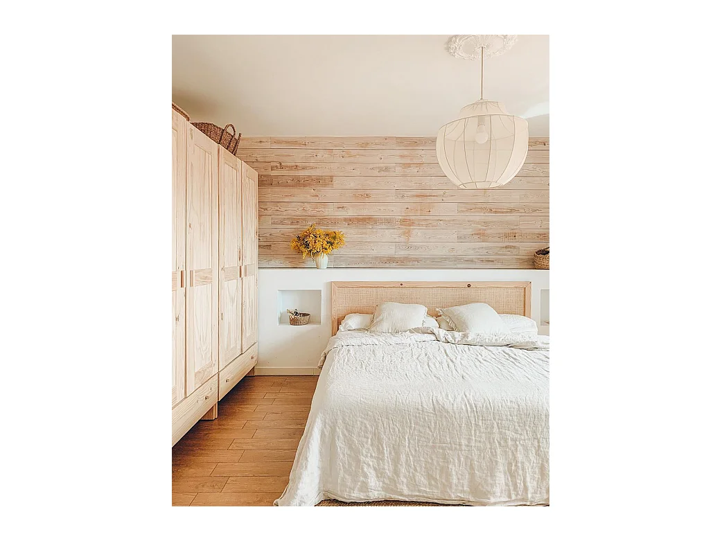 Testiera del letto in legno massello e rafia in tono naturale 140x60cm - ELLEN RAFIA - DECOWOOD