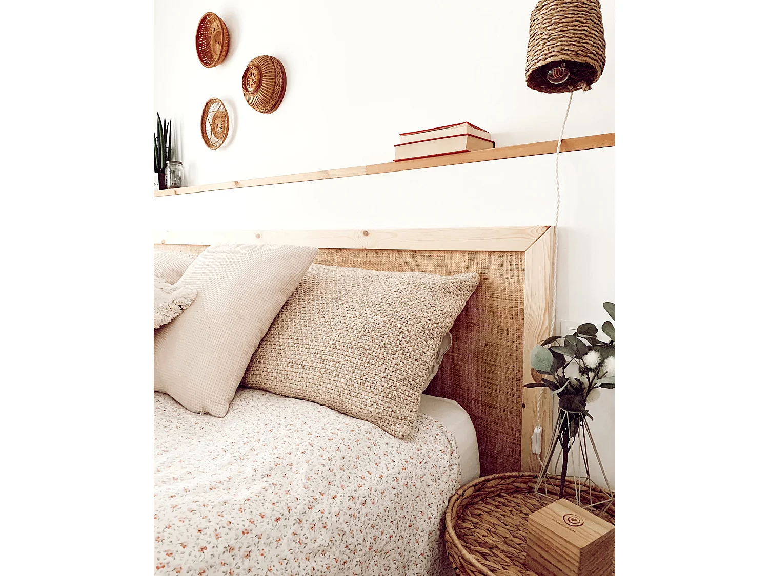 Tête de lit en bois de pin et raphia naturel 200x60cm - ELLEN RAFIA - DECOWOOD