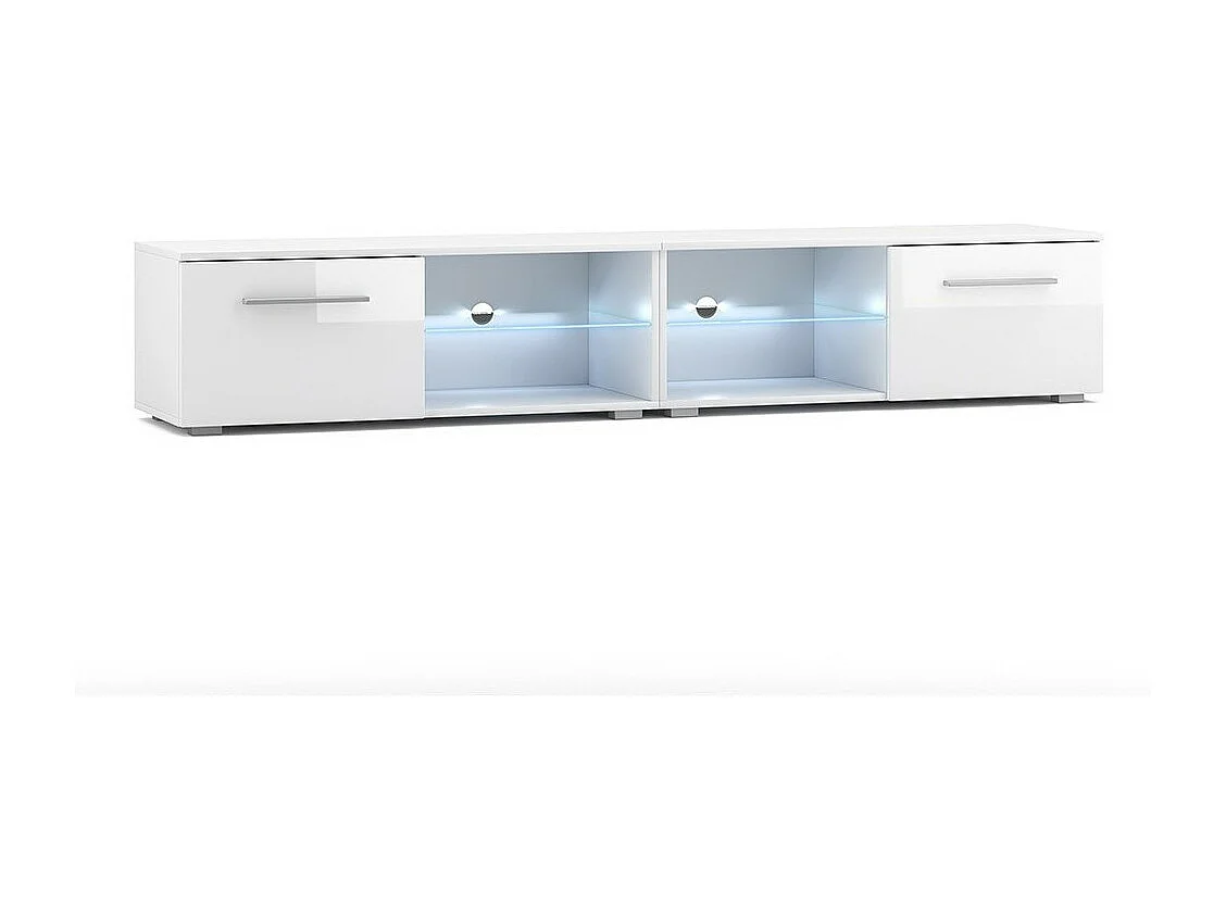 Meuble TV design LEON II XXL, 2 mètres, 2 portes et 4 niches, coloris blanc + LED