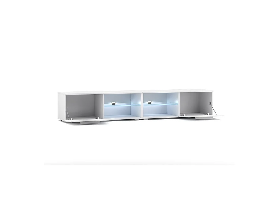 Meuble TV design LEON II XXL, 2 mètres, 2 portes et 4 niches, coloris blanc + LED