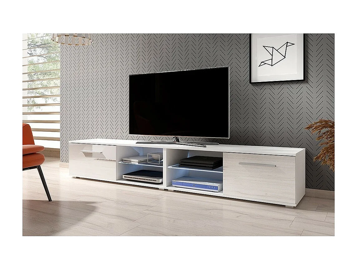 Meuble TV design LEON II XXL, 2 mètres, 2 portes et 4 niches, coloris blanc + LED
