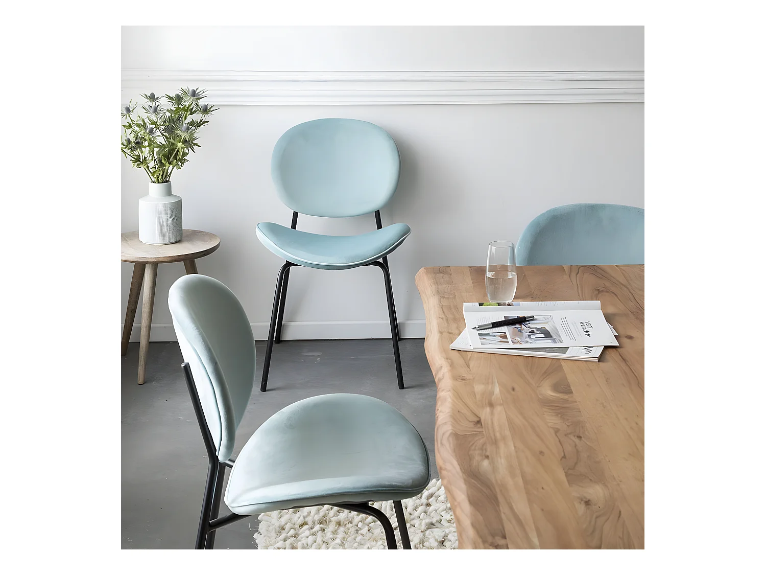 Juego de 2 sillas de terciopelo azul turquesa Sohane con patas de compás vintage