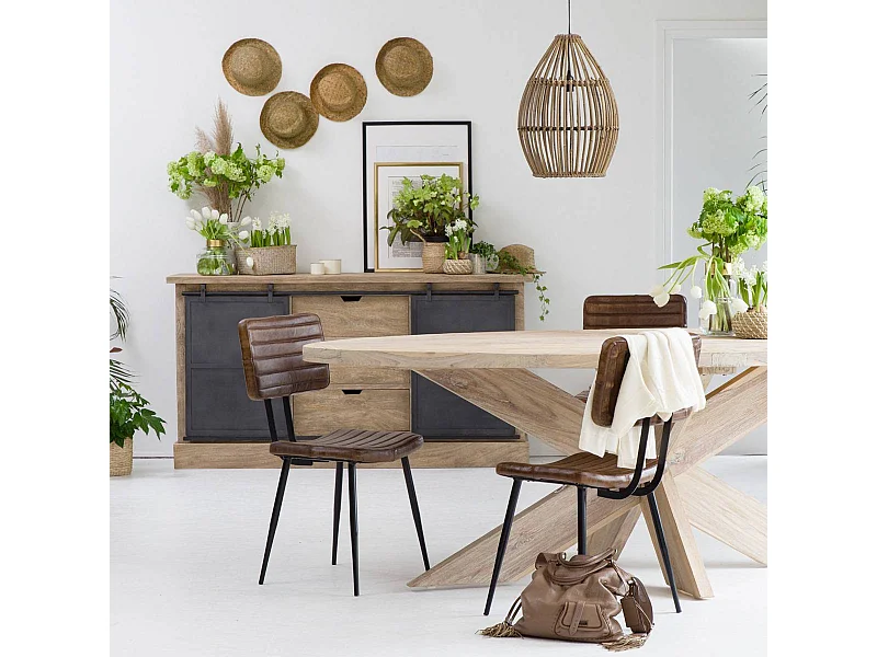 Lote de 2 sillas industriales de cuero marrón Dune