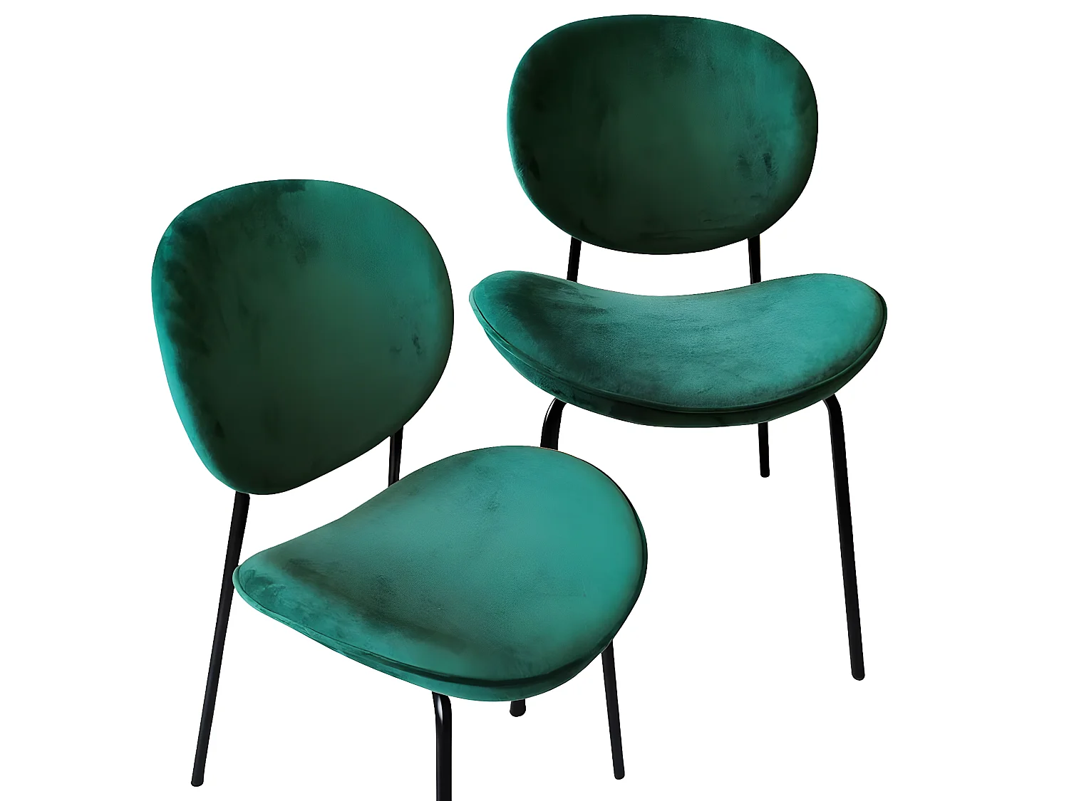 Juego de 2 sillas vintage de terciopelo verde esmeralda con base de compás de metal negro