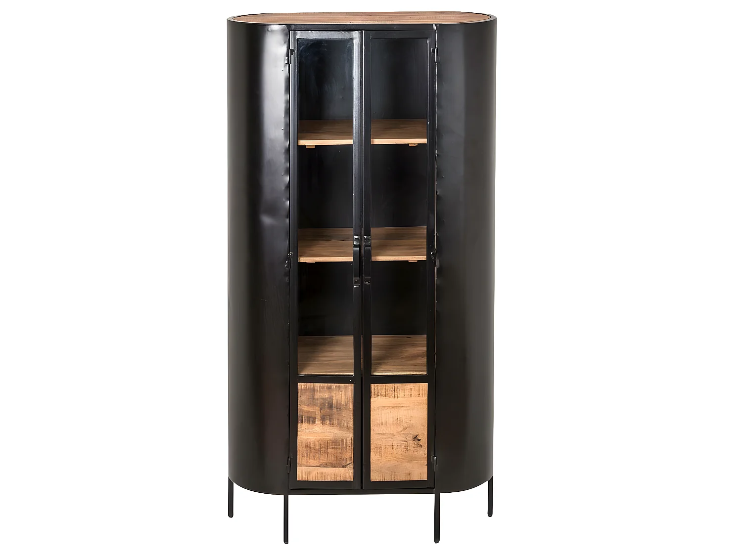 Vitrina de metal Achille estilo industrial con apertura abatible, sin LED, color negro, dimensiones 168x90x41cm