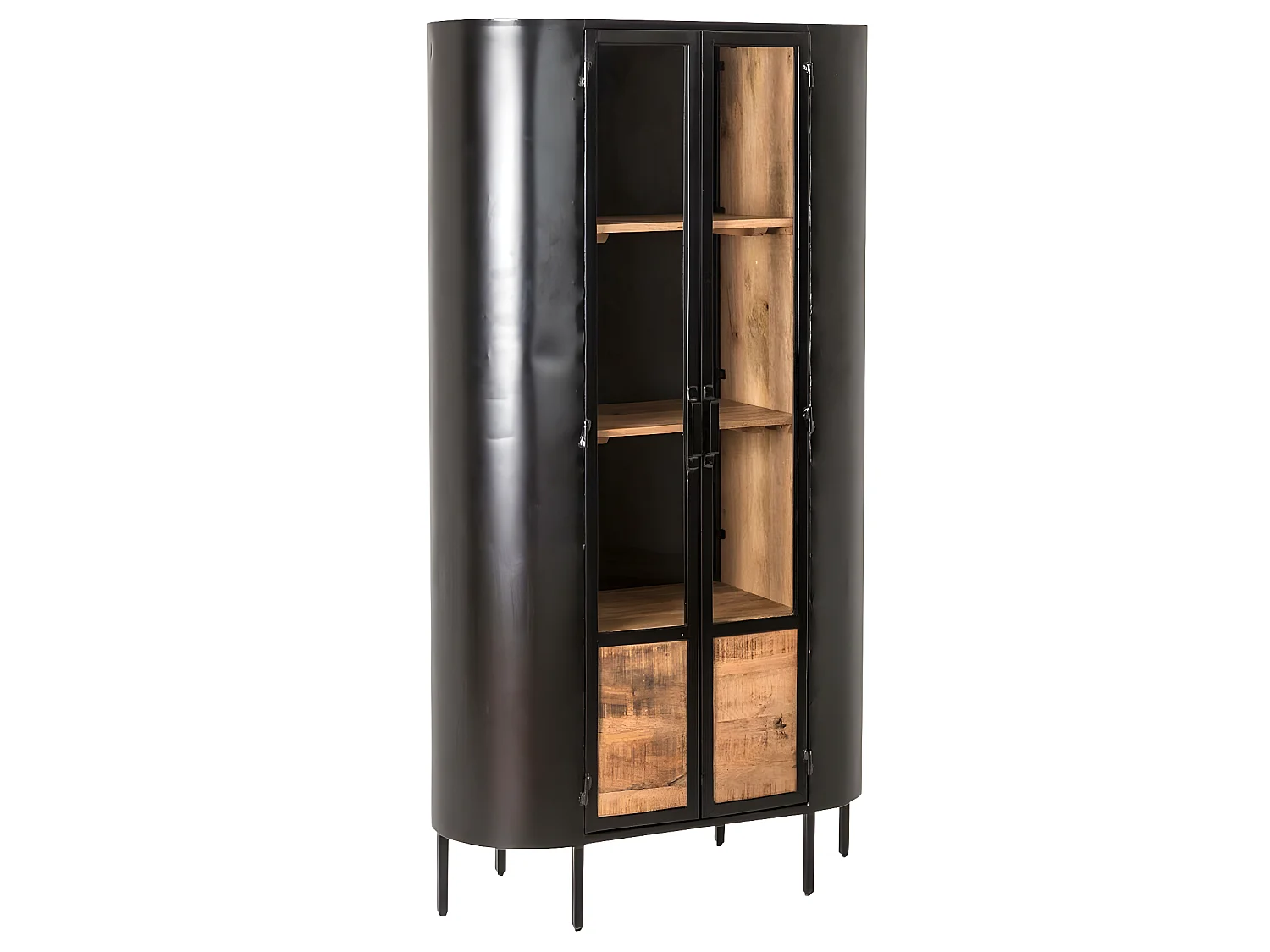 Vitrina de metal Achille estilo industrial con apertura abatible, sin LED, color negro, dimensiones 168x90x41cm