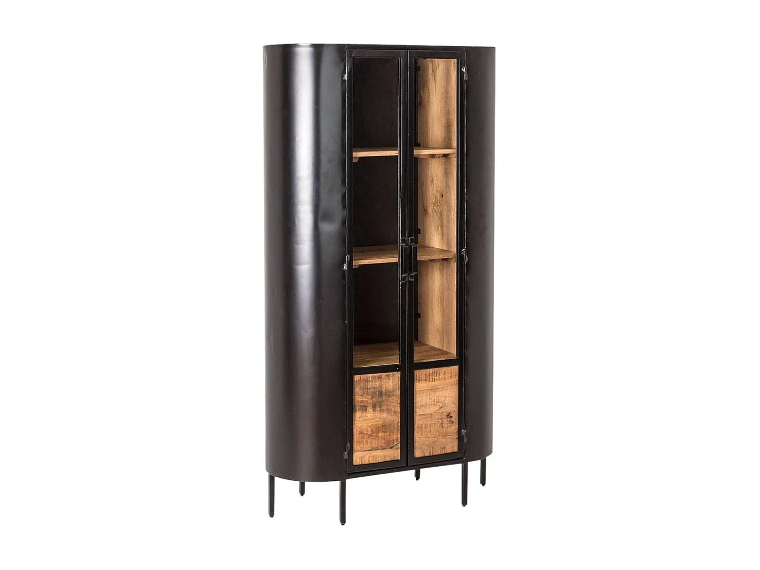 Vitrina de metal Achille estilo industrial con apertura abatible, sin LED, color negro, dimensiones 168x90x41cm