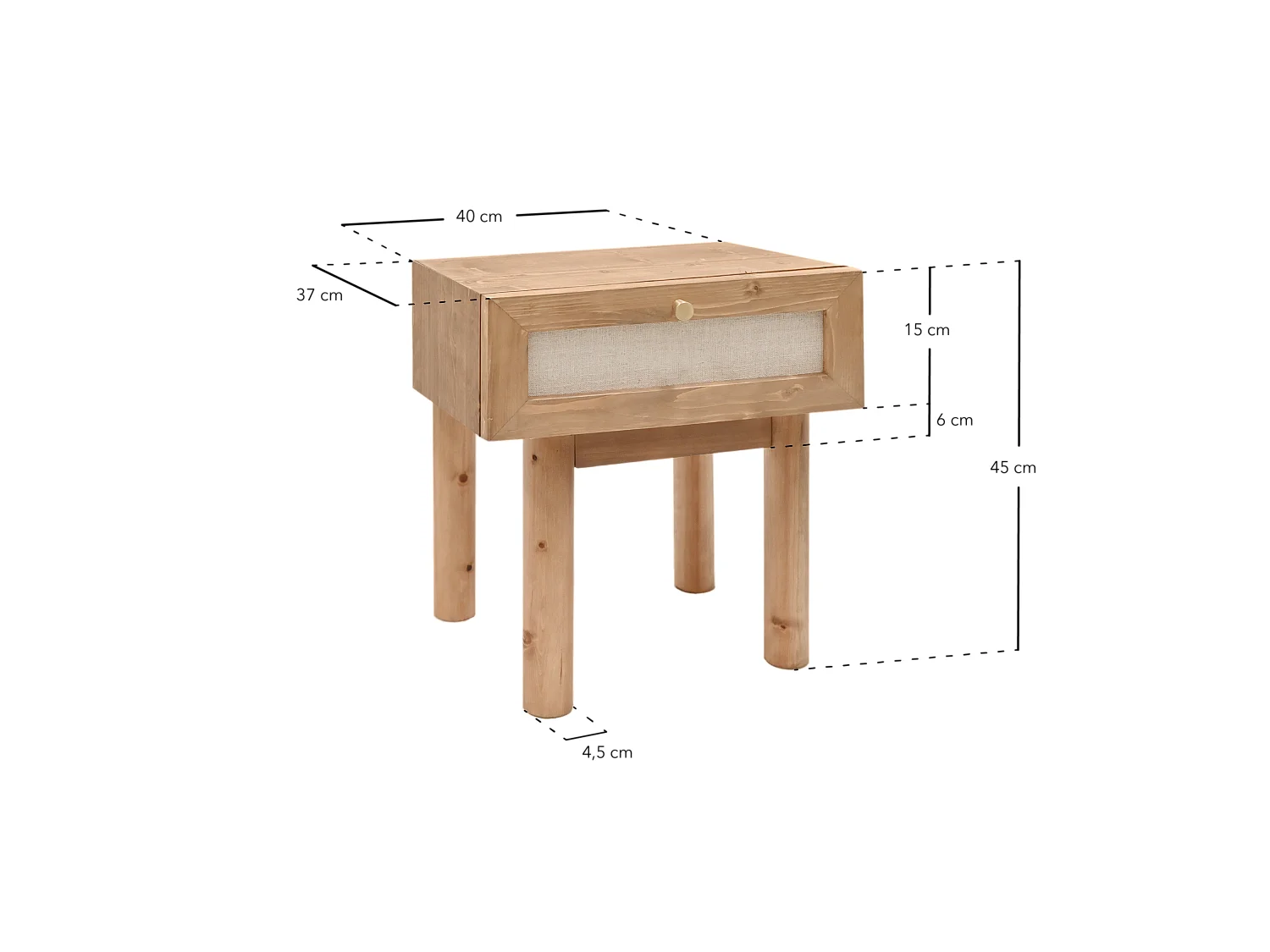 Mesita de noche de madera de abeto maciza y lino Decowood con cajón en color blanco de 40x45cm - LINEN - DECOWOOD