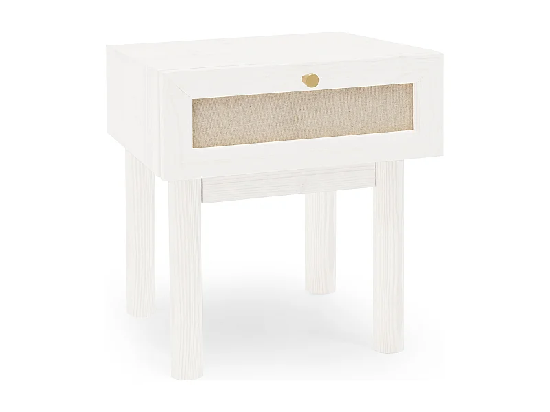 Mesita de noche de madera de abeto maciza y lino Decowood con cajón en color blanco de 40x45cm - LINEN - DECOWOOD