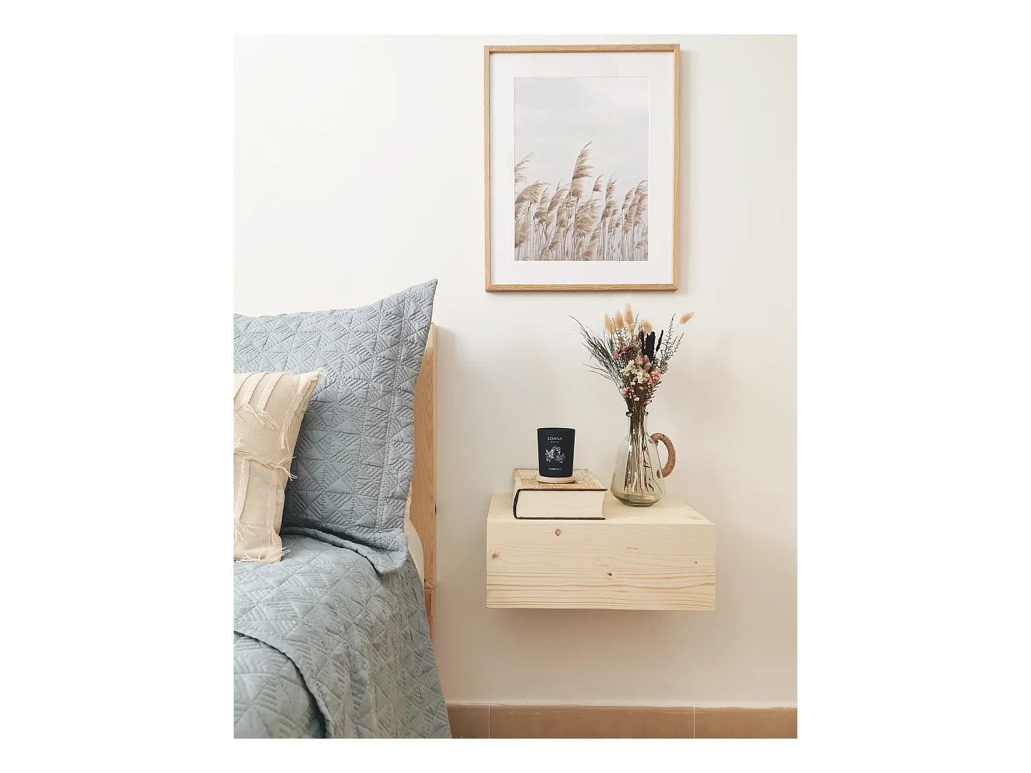 Mesita de noche de pared de madera de abeto Decowood con cajón en color natural de 40x15cm - INGRID - DECOWOOD