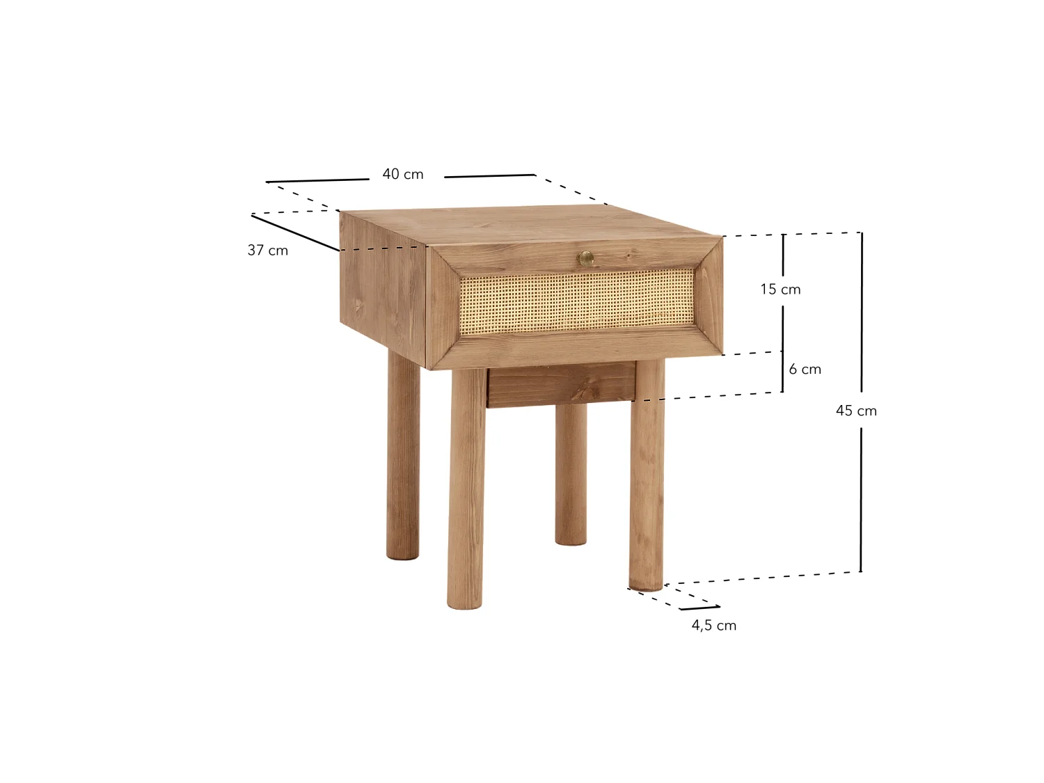 Mesita de noche de madera de abeto maciza y rafia Decowood con cajón en color roble oscuro de 40x45cm - FRIDA - DECOWOOD