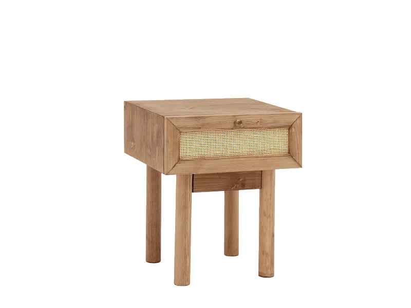 Mesita de noche de madera de abeto maciza y rafia Decowood con cajón en color roble oscuro de 40x45cm - FRIDA - DECOWOOD