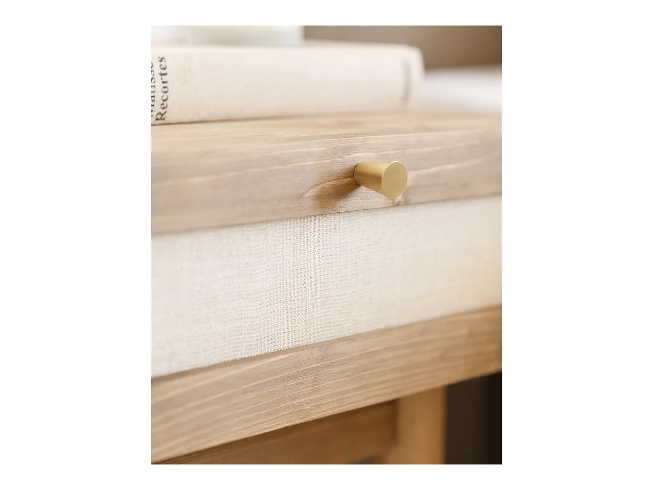 Mesita de noche de madera de abeto maciza y lino Decowood con cajón en color roble oscuro de 40x45cm - LINEN - DECOWOOD