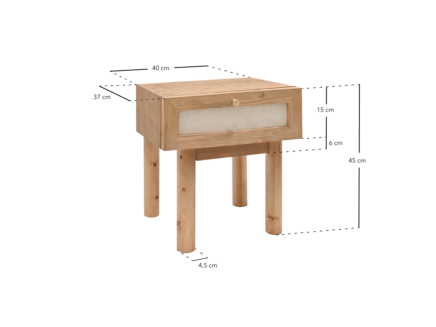 Mesita de noche de madera de abeto maciza y lino Decowood con cajón en color roble oscuro de 40x45cm - LINEN - DECOWOOD