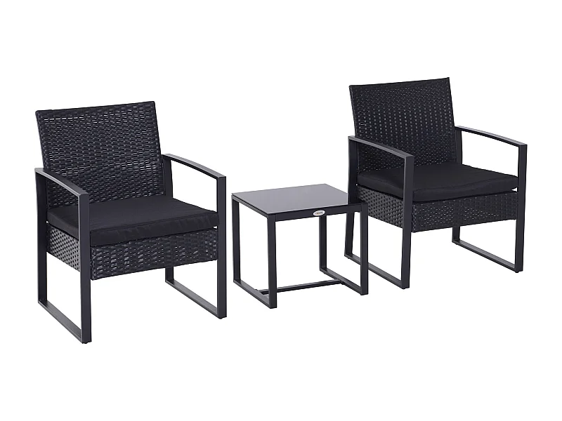 Salon de jardin 2 places - 3 pièces 2 chaises avec coussins + table basse - plateau verre trempé - résine tressée 4 fils imitation rotin noir