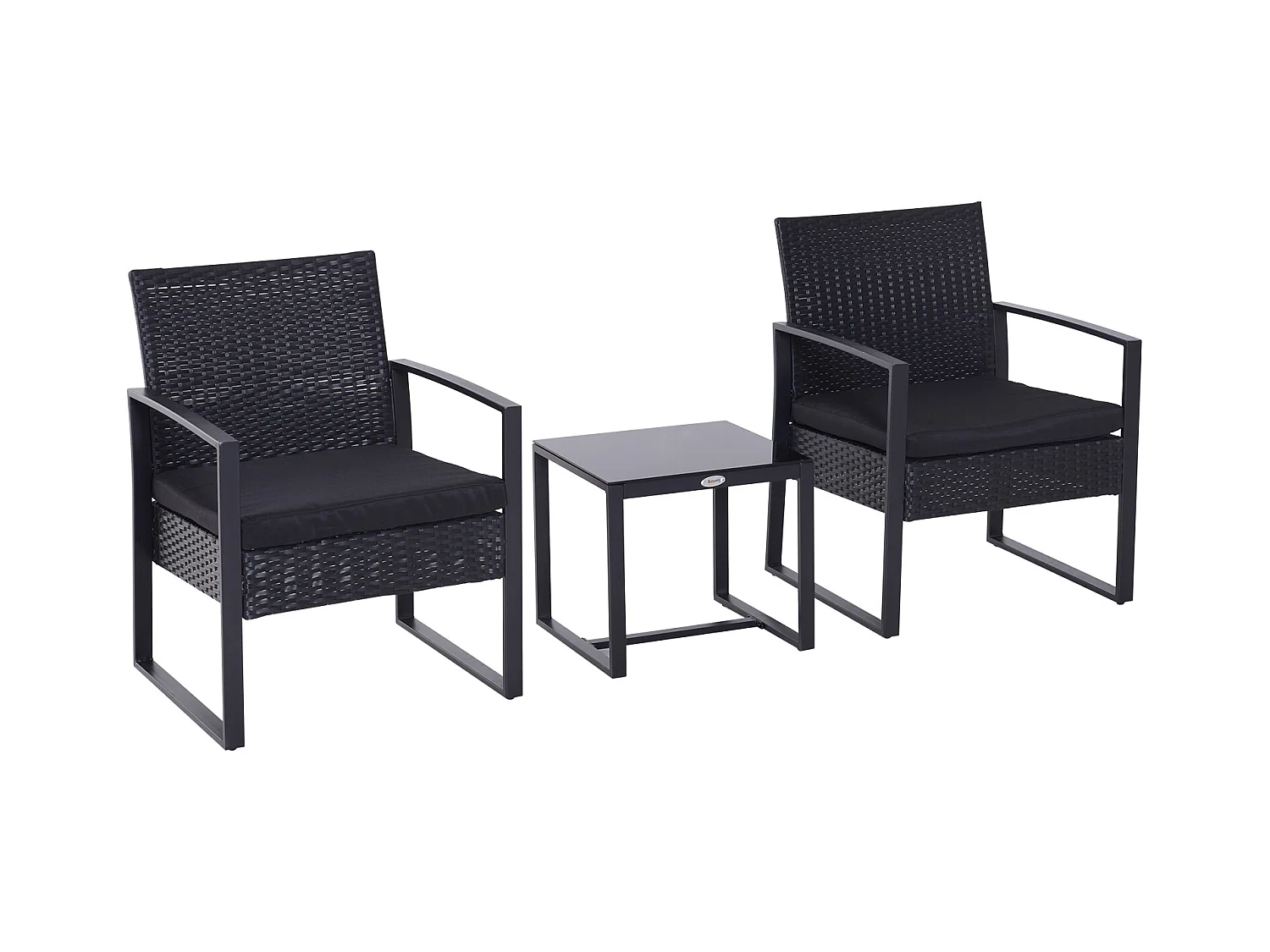 Salon de jardin 2 places - 3 pièces 2 chaises avec coussins + table basse - plateau verre trempé - résine tressée 4 fils imitation rotin noir