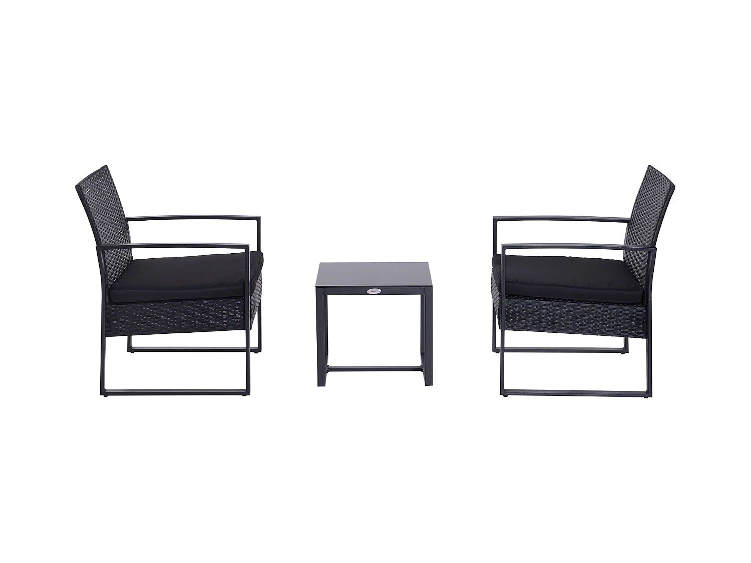 Salon de jardin 2 places - 3 pièces 2 chaises avec coussins + table basse - plateau verre trempé - résine tressée 4 fils imitation rotin noir