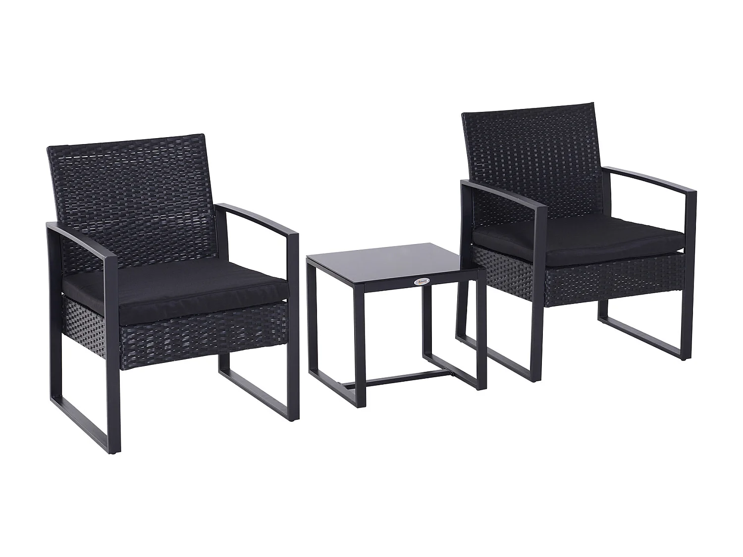 Salon de jardin 2 places - 3 pièces 2 chaises avec coussins + table basse - plateau verre trempé - résine tressée 4 fils imitation rotin noir