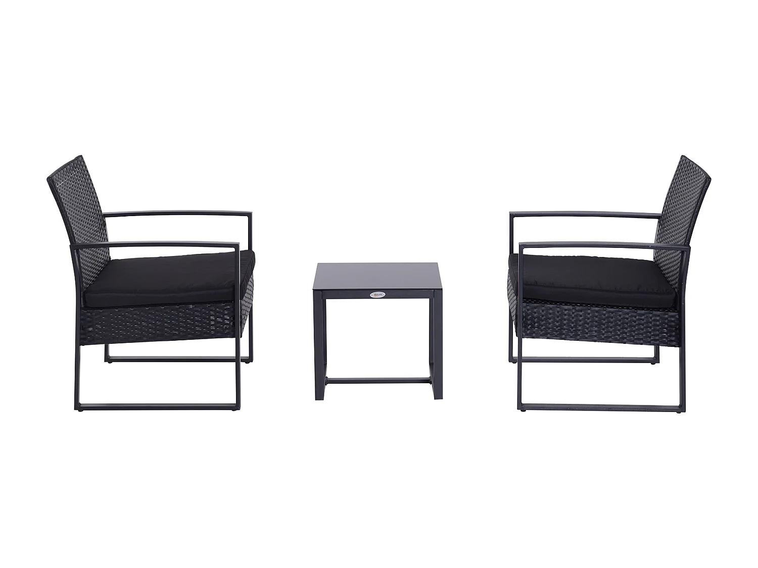 Salon de jardin 2 places - 3 pièces 2 chaises avec coussins + table basse - plateau verre trempé - résine tressée 4 fils imitation rotin noir