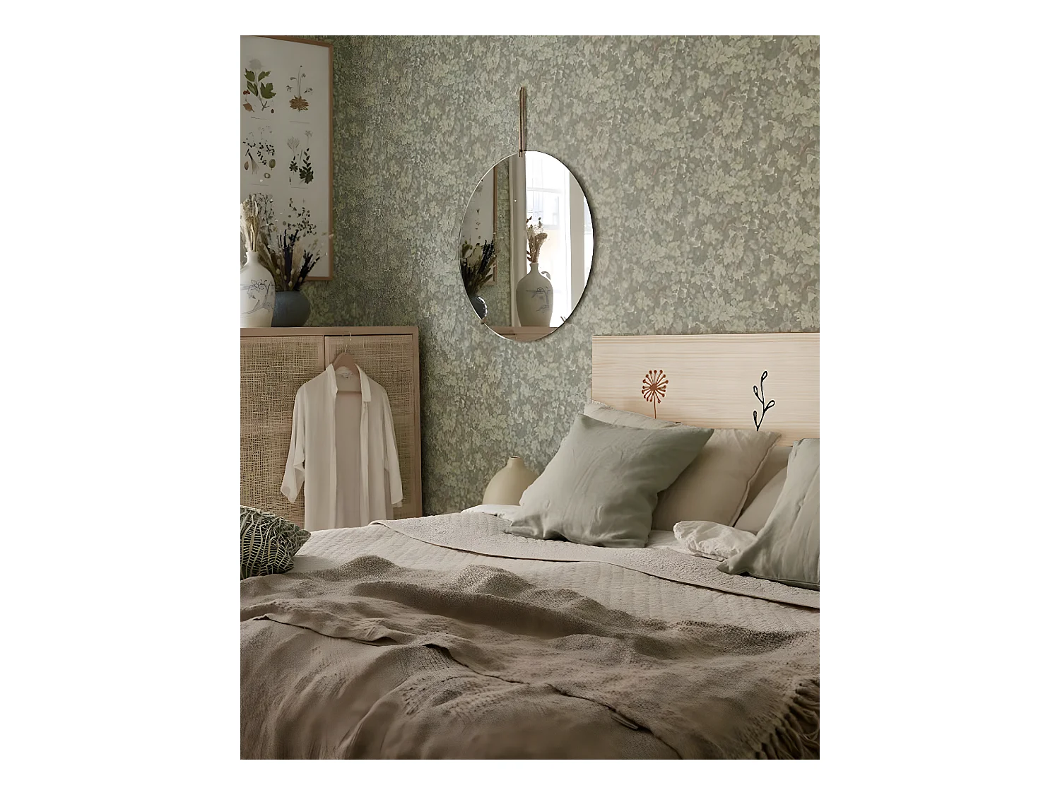 Cabecero de cama de madera maciza estampado motivo 'One Line' en tono natural de 160x80cm - PRINT - DECOWOOD