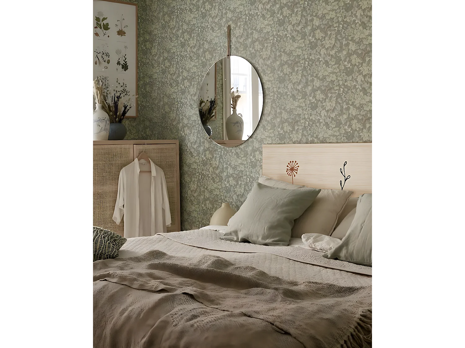 Cabecero de cama de madera maciza estampado motivo 'One Line' en tono natural de 160x80cm - PRINT - DECOWOOD