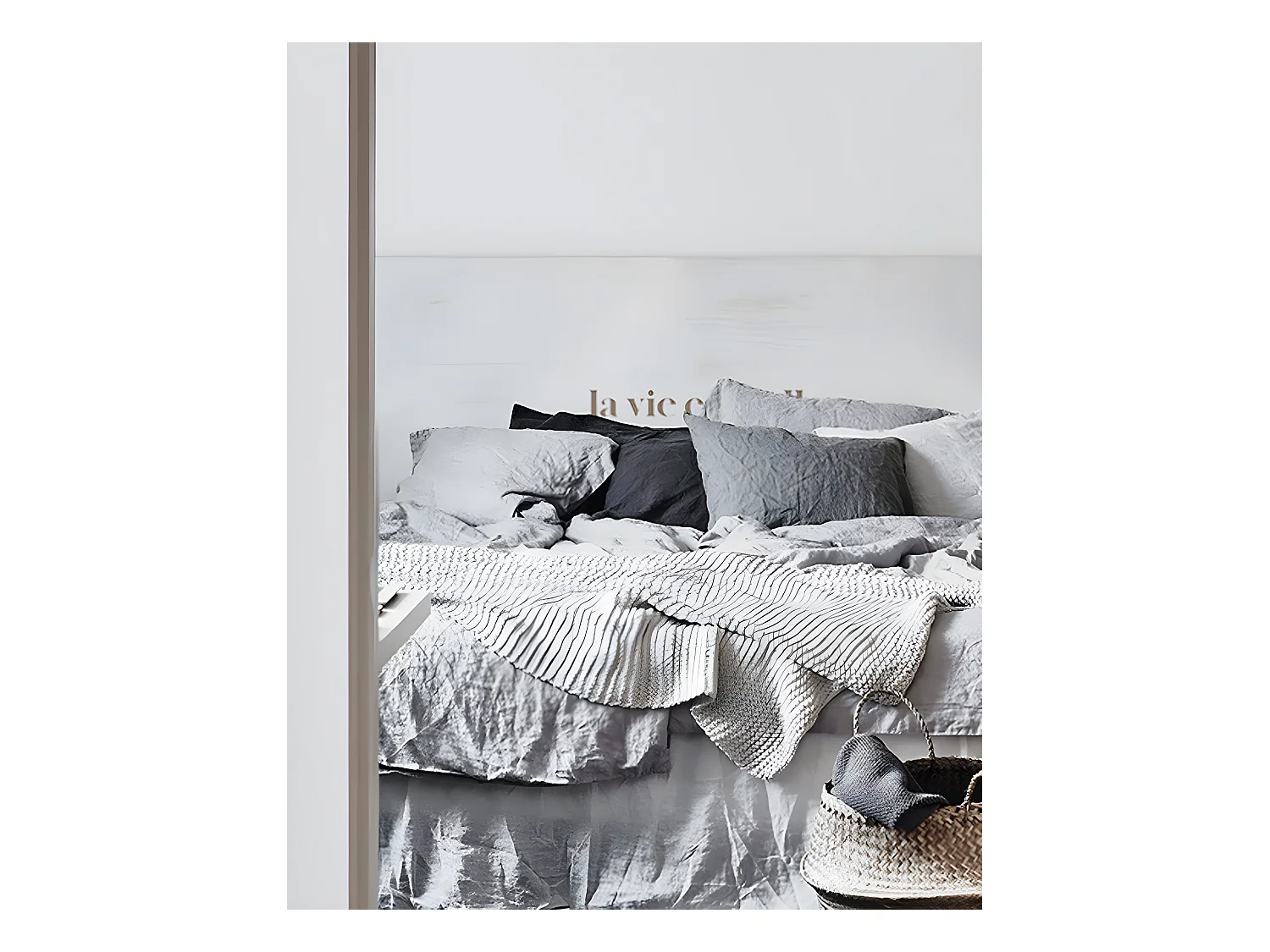 Cabecero de cama de madera maciza estampado motivo 'La vie est belle' decapado de 105x80cm - PRINT - DECOWOOD