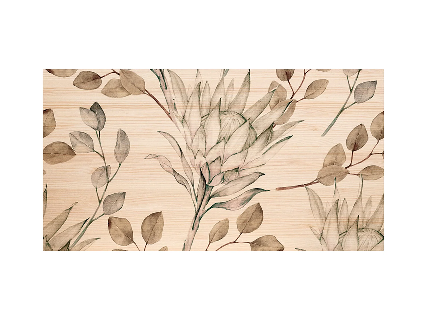 Cabecero de cama de madera maciza estampado motivo 'Ramas Protea tonos pardos' en tono natural de 105x80cm - PRINT - DECOWOOD
