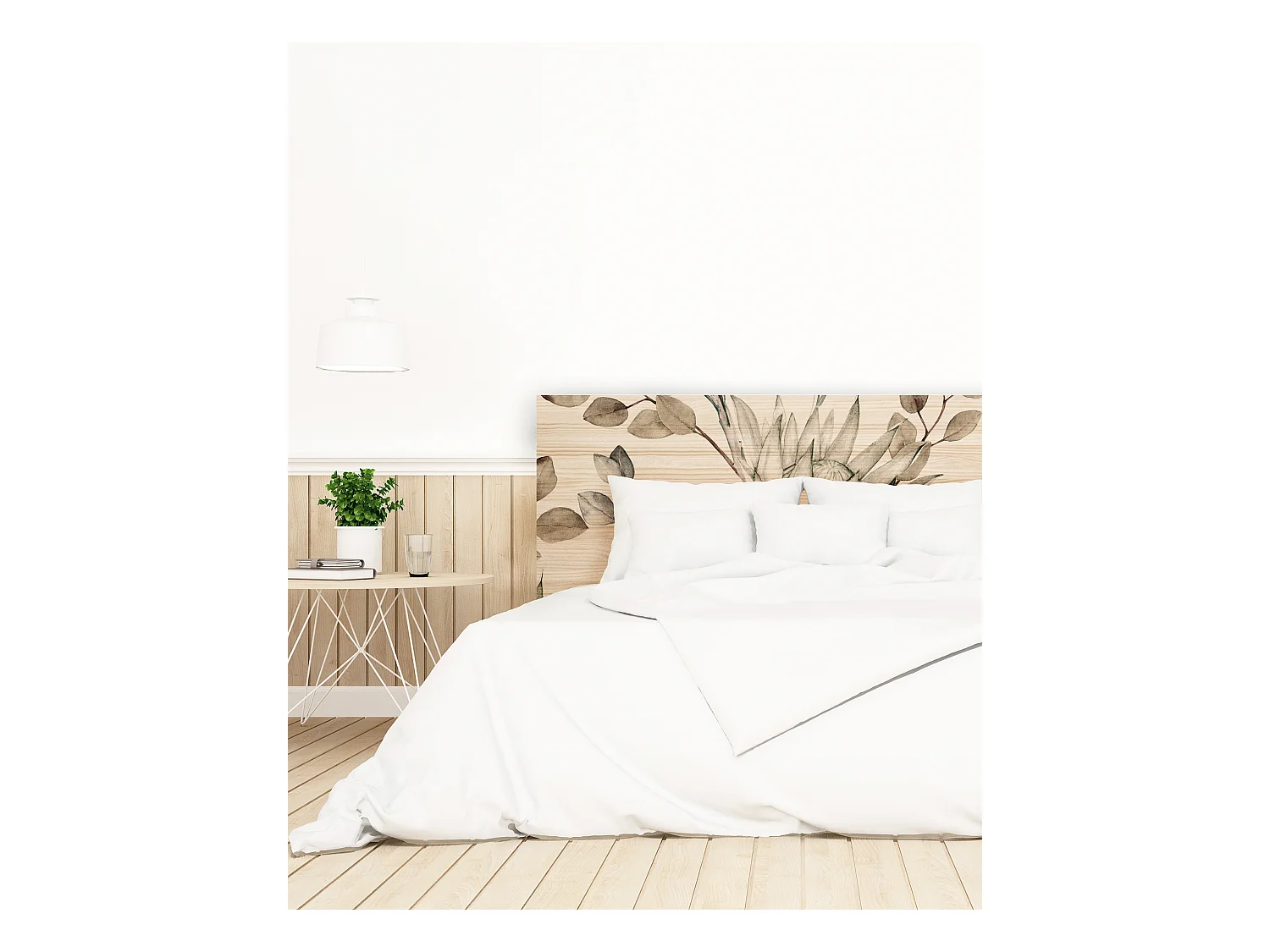 Cabecero de cama de madera maciza estampado motivo 'Ramas Protea tonos pardos' en tono natural de 105x80cm - PRINT - DECOWOOD