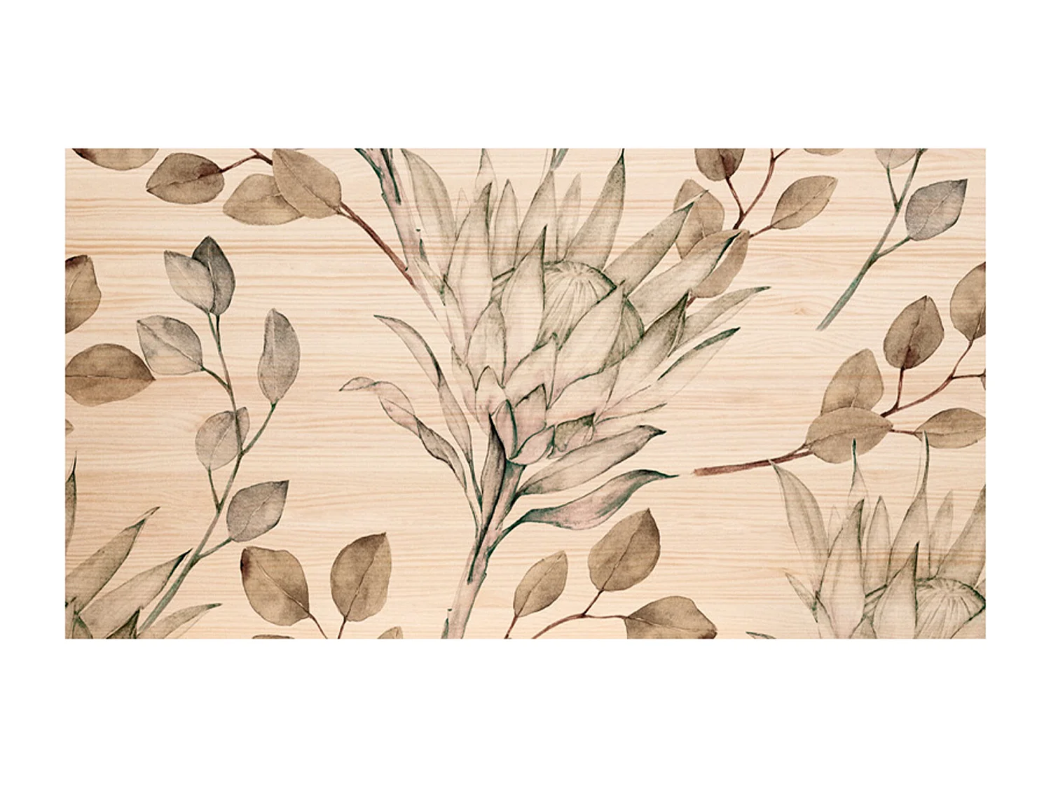 Cabecero de cama de madera maciza estampado motivo 'Ramas Protea tonos pardos' en tono natural de 180x80cm - PRINT - DECOWOOD