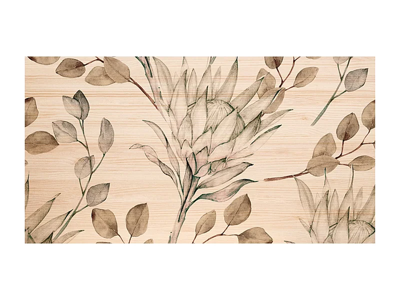 Cabecero de cama de madera maciza estampado motivo 'Ramas Protea tonos pardos' en tono natural de 180x80cm - PRINT - DECOWOOD