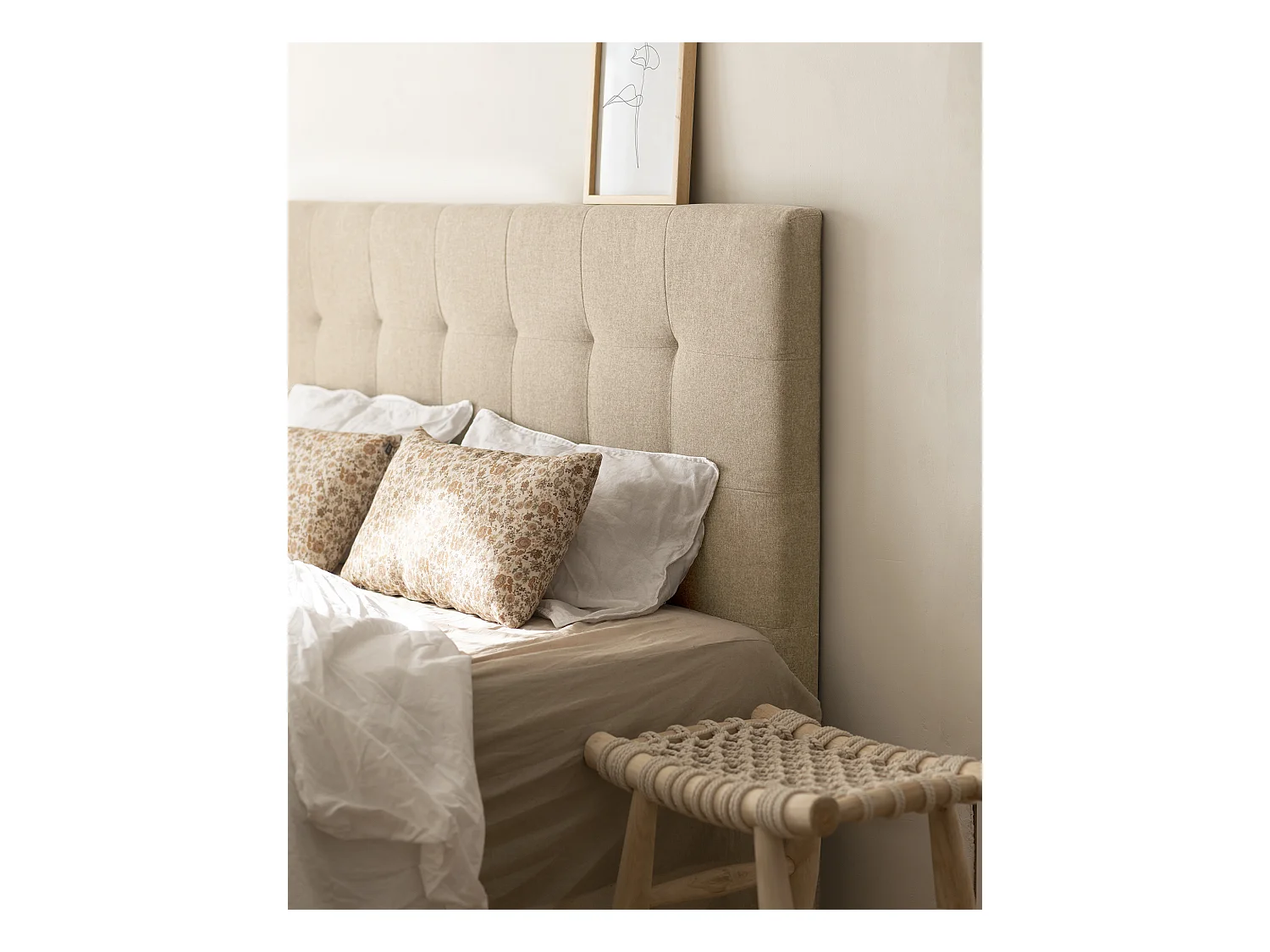 Testiera rivestita in poliestere con pieghe in tono beige 90x80cm - ALAN - DECOWOOD