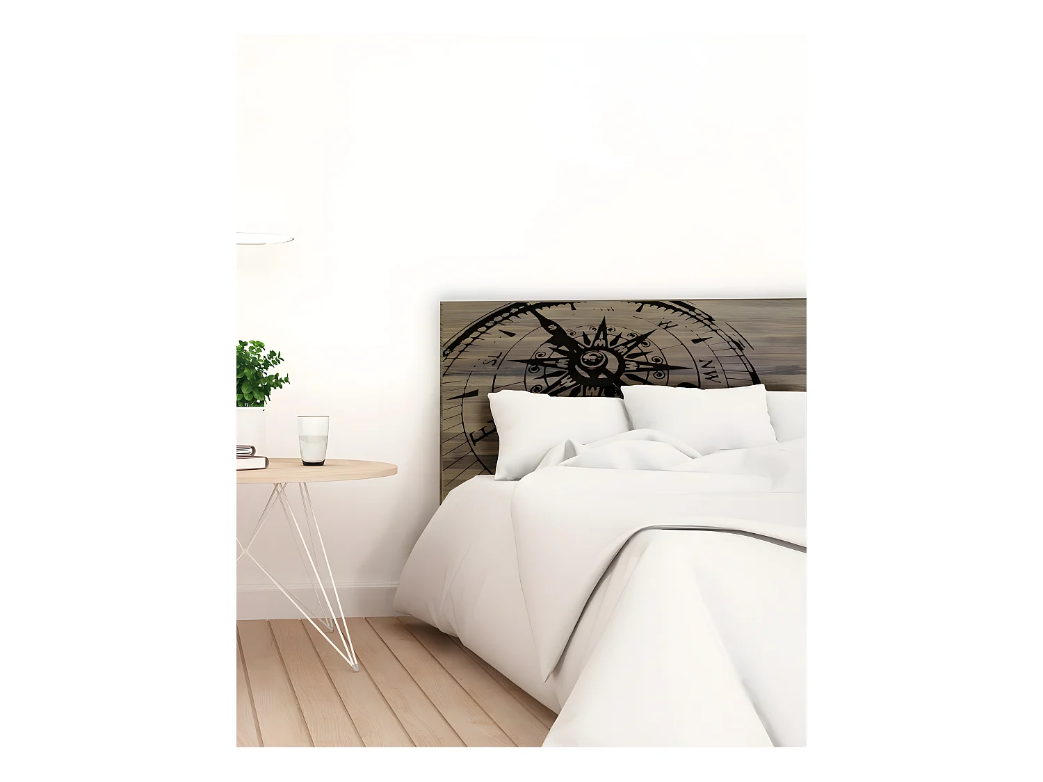 Cabecero de cama de madera maciza estampado motivo 'Brujulas' en tono roble oscuro de 105x80cm - PRINT - DECOWOOD