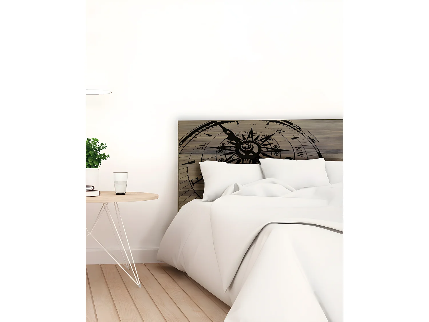 Cabecero de cama de madera maciza estampado motivo 'Brujulas' en tono roble oscuro de 105x80cm - PRINT - DECOWOOD