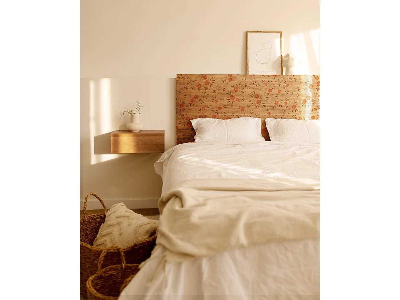 Tête de lit en bois de pin et raphia vieilli 90x80cm - OLIVIA - DECOWOOD