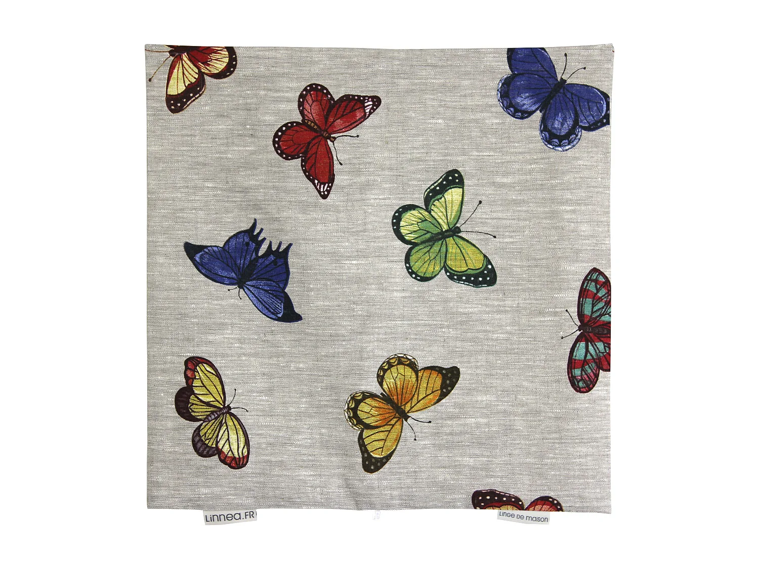 Housse de coussin 45x45 cm GALLICO Papillons bleus jaunes et rouges 100% Lin