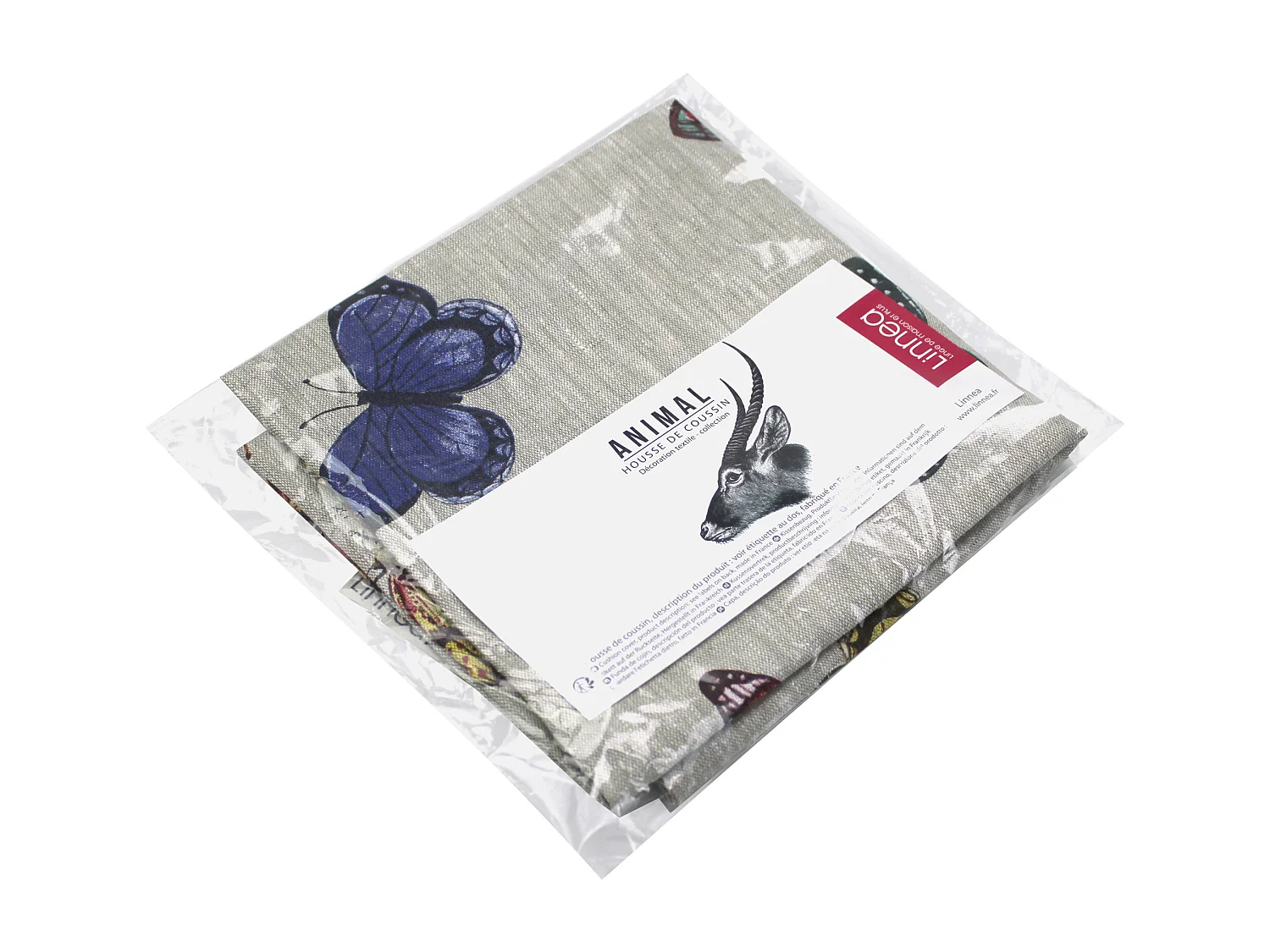 Housse de coussin 45x45 cm GALLICO Papillons bleus jaunes et rouges 100% Lin