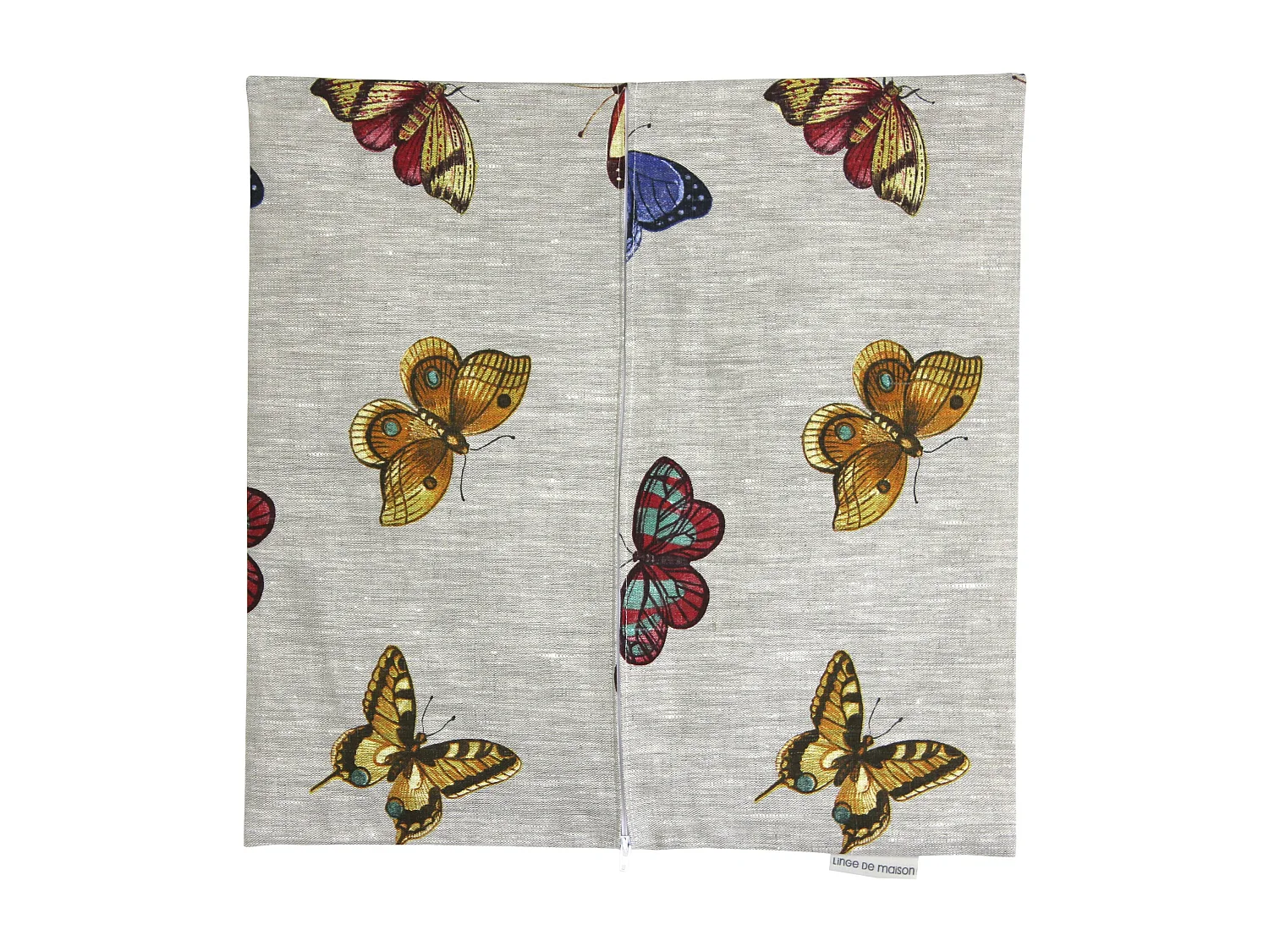 Housse de coussin 45x45 cm GALLICO Papillons bleus jaunes et rouges 100% Lin