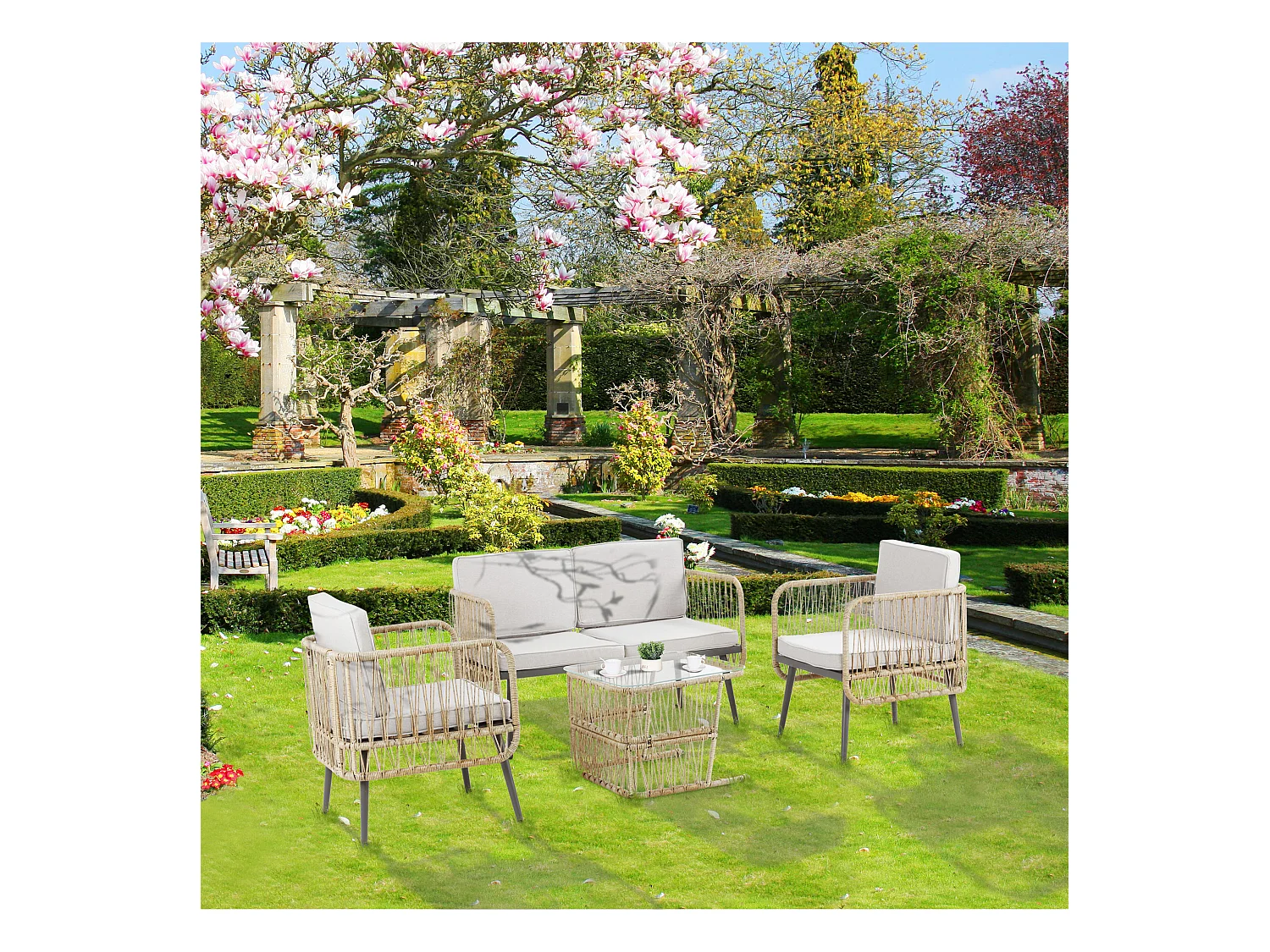 Salon de jardin 4 places 4 pièces style colonial table basse coussins beige inclus résine tressée aspect rotin