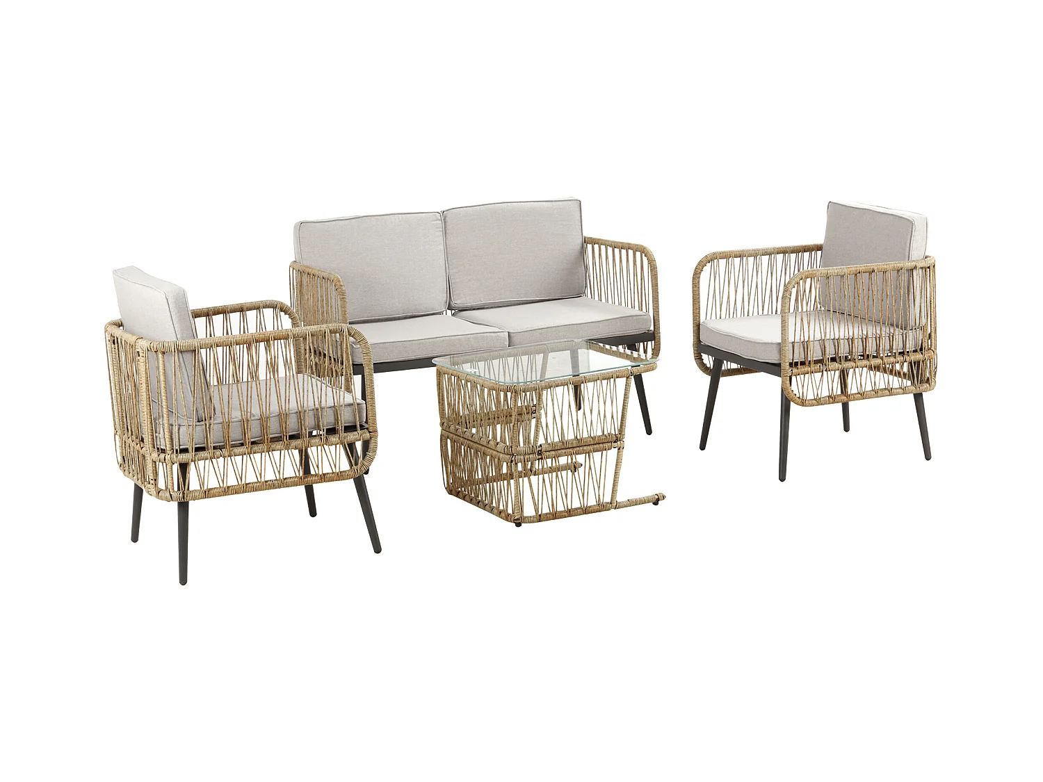 Salon de jardin 4 places 4 pièces style colonial table basse coussins beige inclus résine tressée aspect rotin