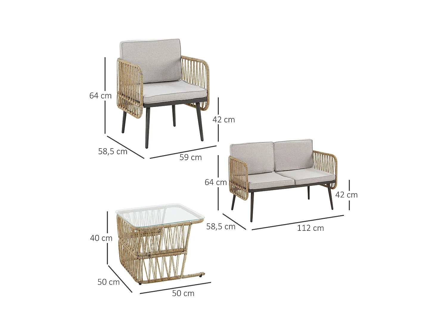 Salon de jardin 4 places 4 pièces style colonial table basse coussins beige inclus résine tressée aspect rotin