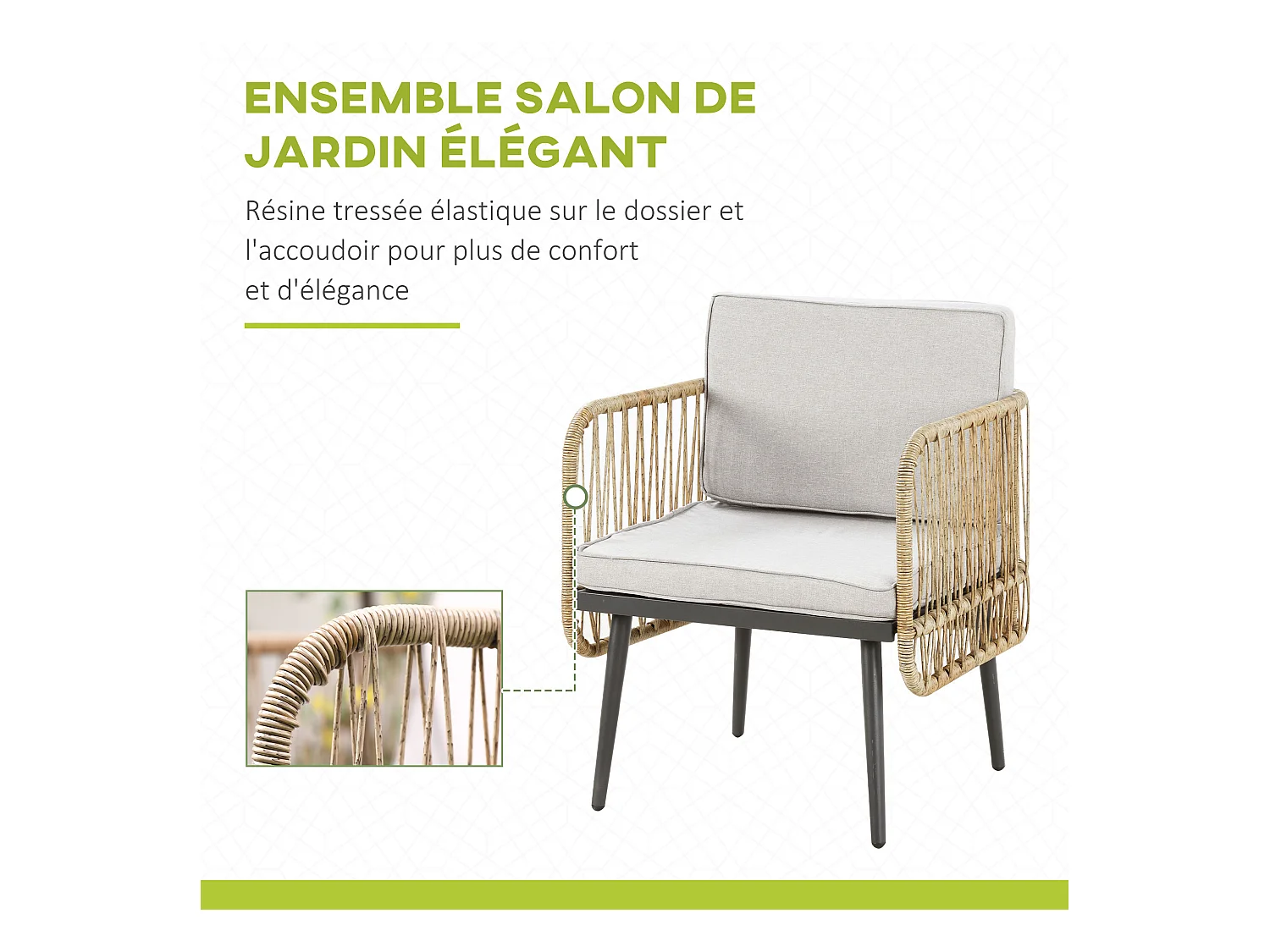 Salon de jardin 4 places 4 pièces style colonial table basse coussins beige inclus résine tressée aspect rotin