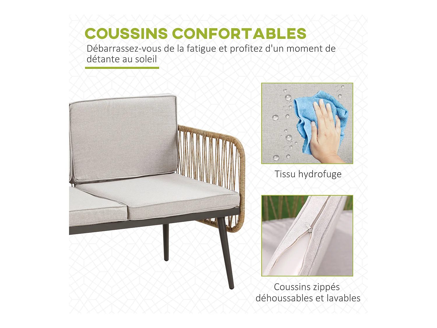 Salon de jardin 4 places 4 pièces style colonial table basse coussins beige inclus résine tressée aspect rotin