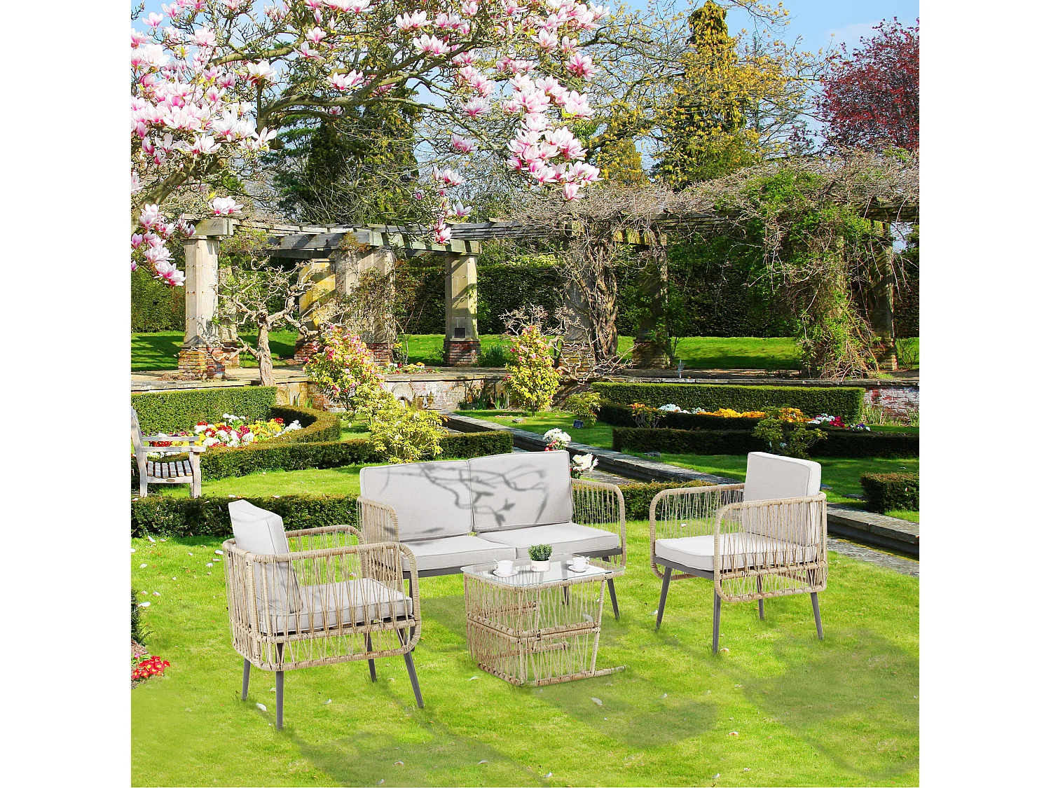 Salon de jardin 4 places 4 pièces style colonial table basse coussins beige inclus résine tressée aspect rotin